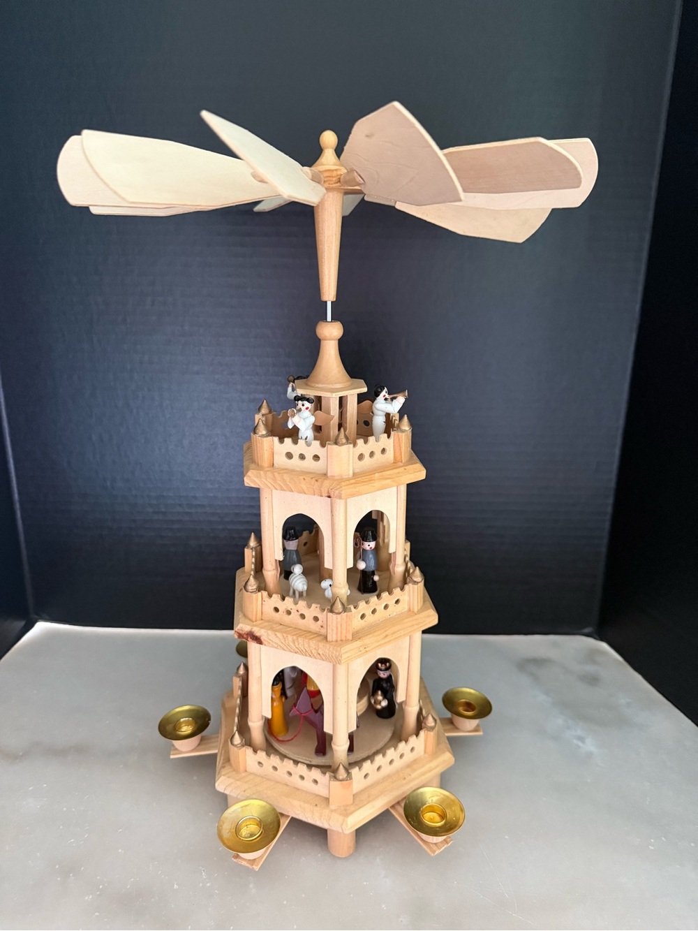 Vintage German Wood Christmas Pyramid 3-Tier Carousel Nativity 18" w/ Box